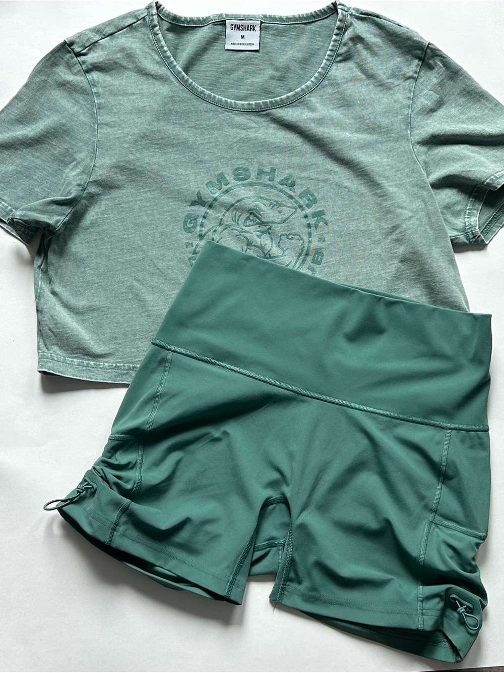 Green Toggle Ruched Shorts + Gymshark Cropped Tee Bundle — Sz M